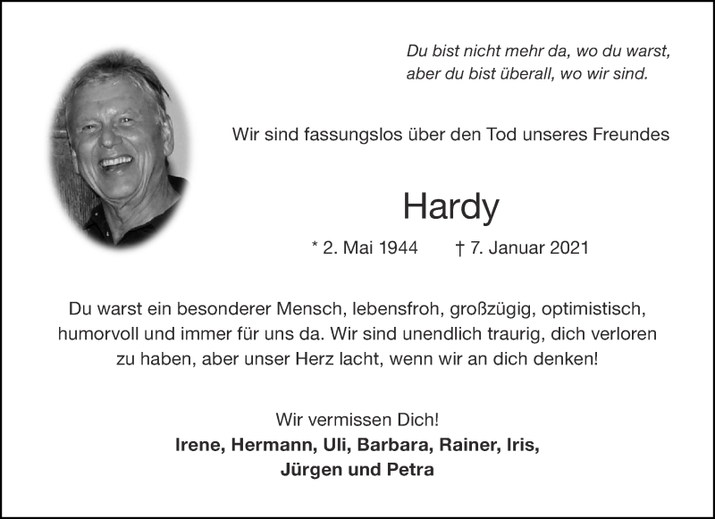  Traueranzeige für Hardy Sendzik vom 16.01.2021 aus Aachener Zeitung / Aachener Nachrichten