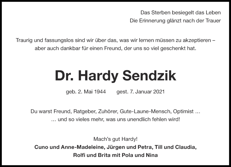  Traueranzeige für Hardy Sendzik vom 16.01.2021 aus Aachener Zeitung / Aachener Nachrichten