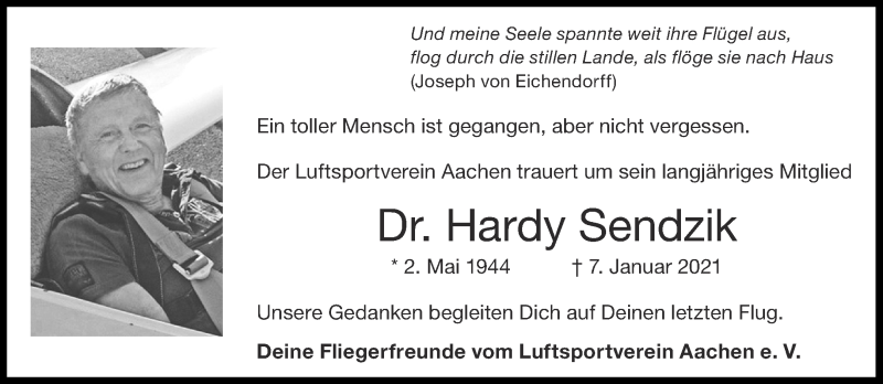 Traueranzeige für Hardy Sendzik vom 23.01.2021 aus Aachener Zeitung / Aachener Nachrichten