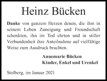 Traueranzeige von Heinz Bücken von Zeitung am Sonntag