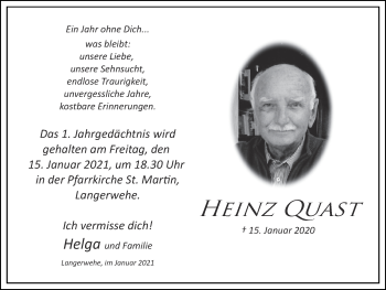 Traueranzeige von Heinz Quast von Zeitung am Sonntag