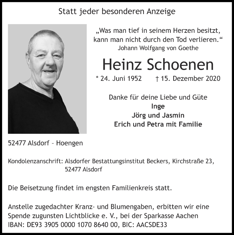  Traueranzeige für Heinz Schoenen vom 03.01.2021 aus Zeitung am Sonntag