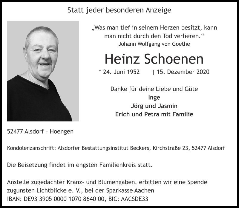  Traueranzeige für Heinz Schoenen vom 02.01.2021 aus Aachener Zeitung / Aachener Nachrichten