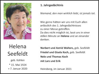 Traueranzeige von Helena Seefeldt von Zeitung am Sonntag