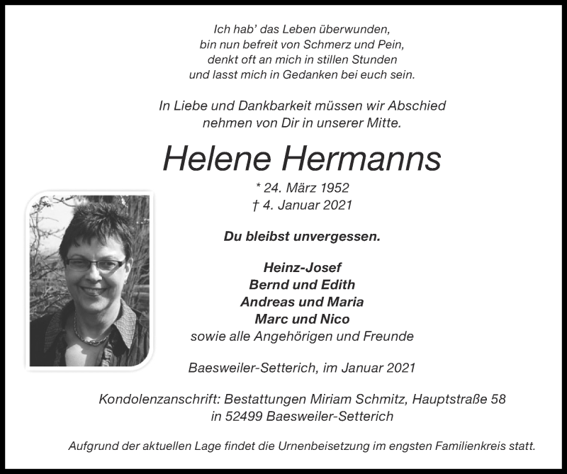  Traueranzeige für Helene Hermanns vom 10.01.2021 aus Zeitung am Sonntag