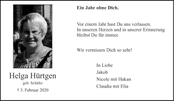 Traueranzeige von Helga Hürtgen von Aachener Zeitung / Aachener Nachrichten