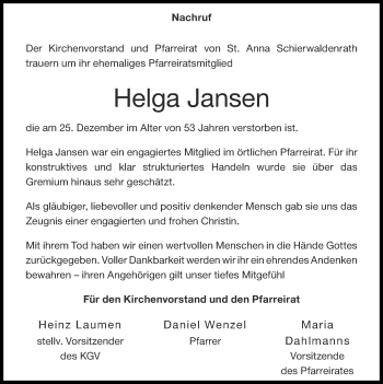 Traueranzeige von Helga Jansen von Zeitung am Sonntag