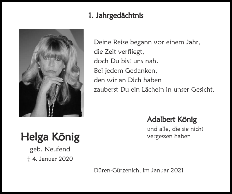  Traueranzeige für Helga König vom 03.01.2021 aus Zeitung am Sonntag