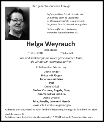 Traueranzeige von Helga Weyrauch von Zeitung am Sonntag