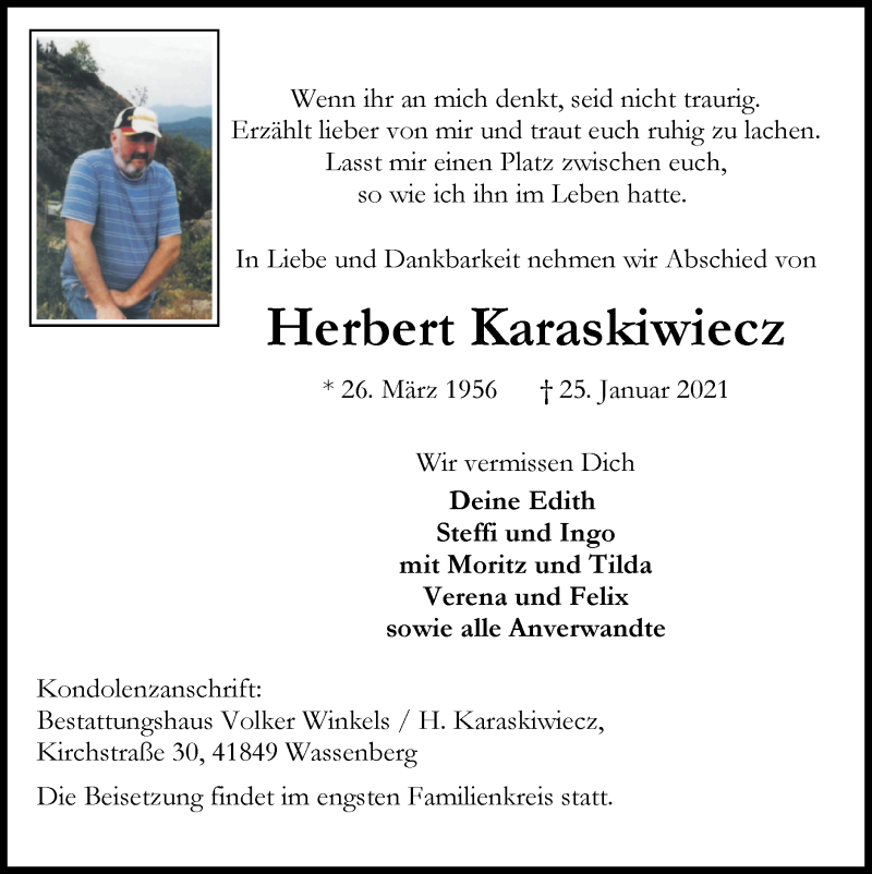  Traueranzeige für Herbert Karaskiwiecz vom 31.01.2021 aus Zeitung am Sonntag