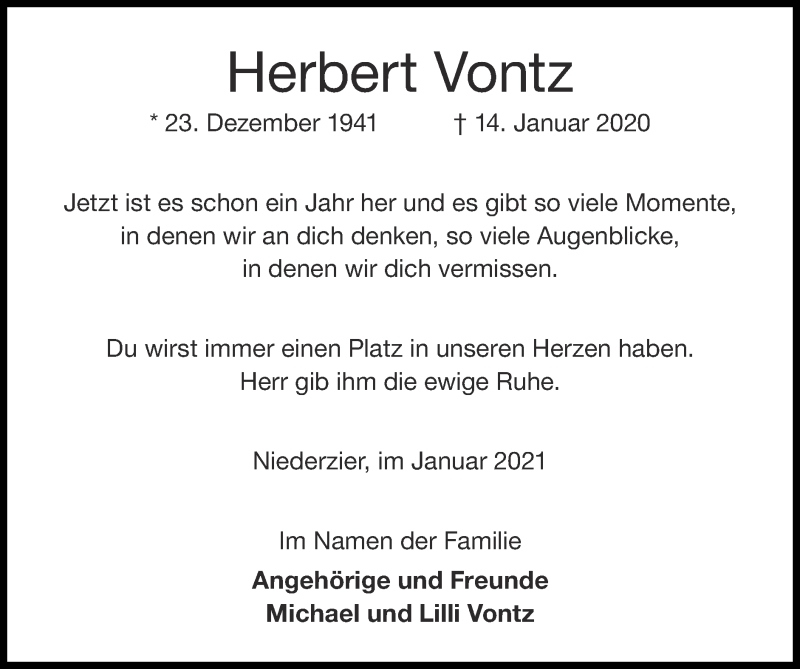  Traueranzeige für Herbert Vontz vom 10.01.2021 aus Zeitung am Sonntag