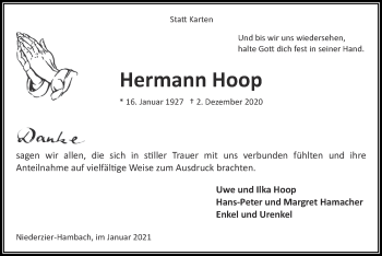 Traueranzeige von Hermann Hoop von Zeitung am Sonntag