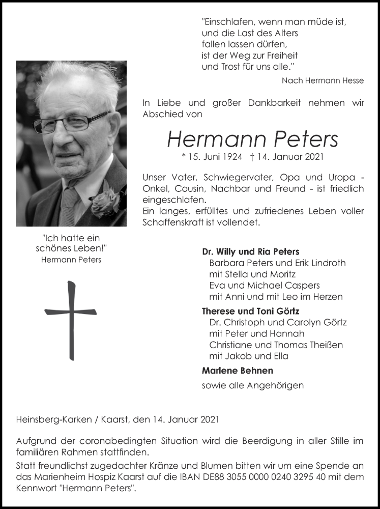  Traueranzeige für Hermann Peters vom 17.01.2021 aus Zeitung am Sonntag