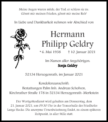 Traueranzeige von Hermann Philipp Geldry von Zeitung am Sonntag