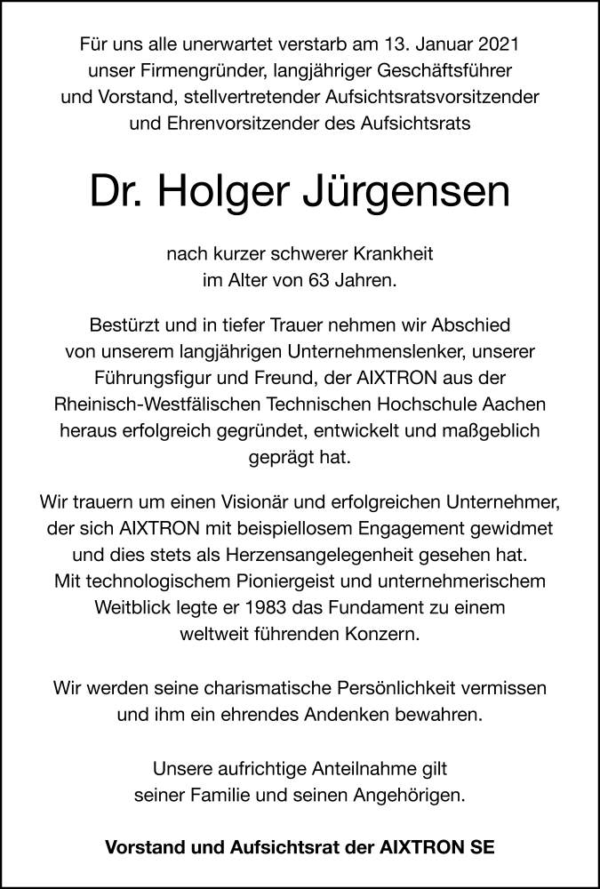  Traueranzeige für Holger Jürgensen vom 23.01.2021 aus Aachener Zeitung / Aachener Nachrichten