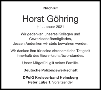 Traueranzeige von Horst Göhring von Zeitung am Sonntag