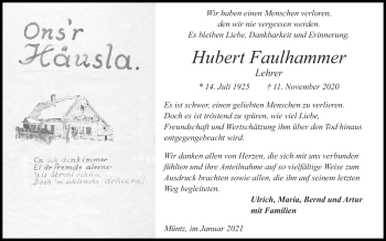 Traueranzeige von Hubert Faulhammer von Zeitung am Sonntag