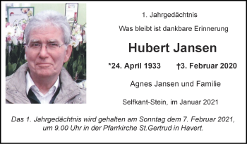 Traueranzeige von Hubert Jansen von Zeitung am Sonntag