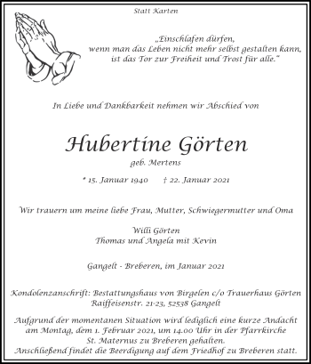 Traueranzeige von Hubertine Görten von Zeitung am Sonntag