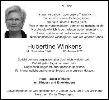 Traueranzeige von Hubertine Winkens von Zeitung am Sonntag