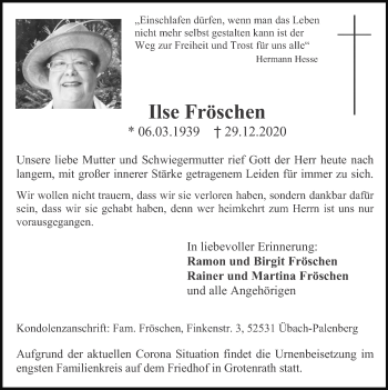 Traueranzeige von Ilse Fröschen von Zeitung am Sonntag