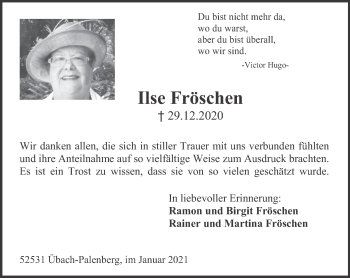 Traueranzeige von Ilse Fröschen von Zeitung am Sonntag
