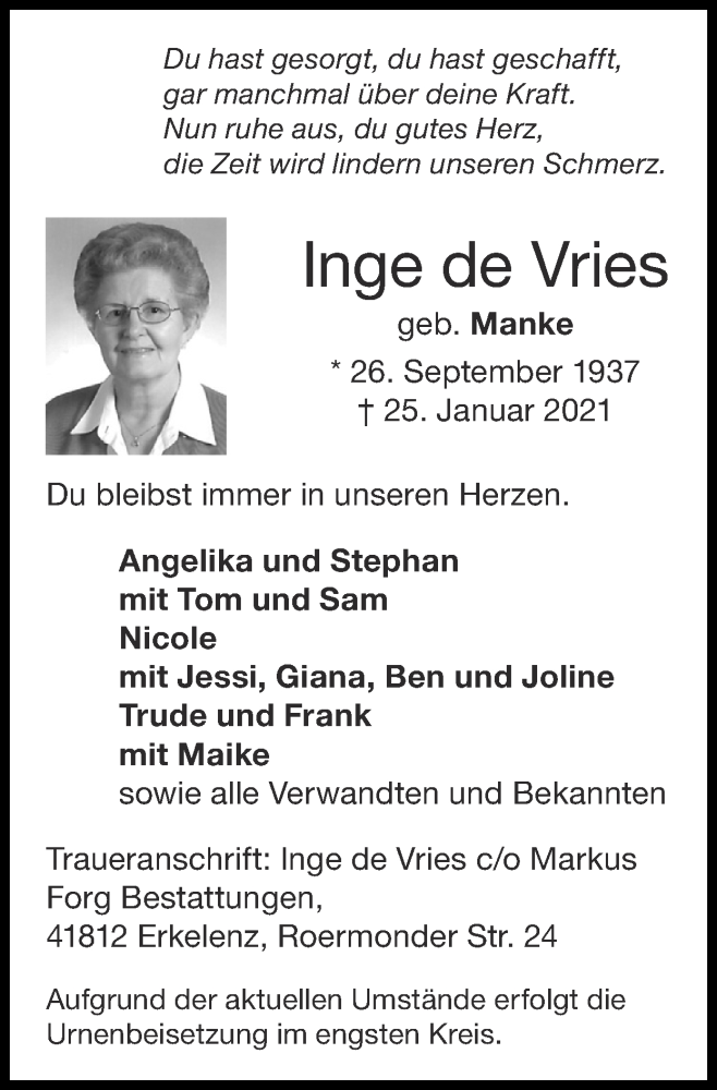  Traueranzeige für Inge de Vries vom 31.01.2021 aus Zeitung am Sonntag