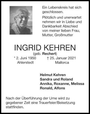 Traueranzeige von Ingrid Kehren von Zeitung am Sonntag