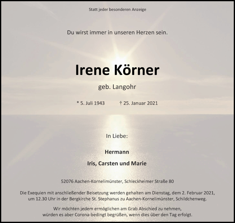  Traueranzeige für Irene Körner vom 30.01.2021 aus Aachener Zeitung / Aachener Nachrichten