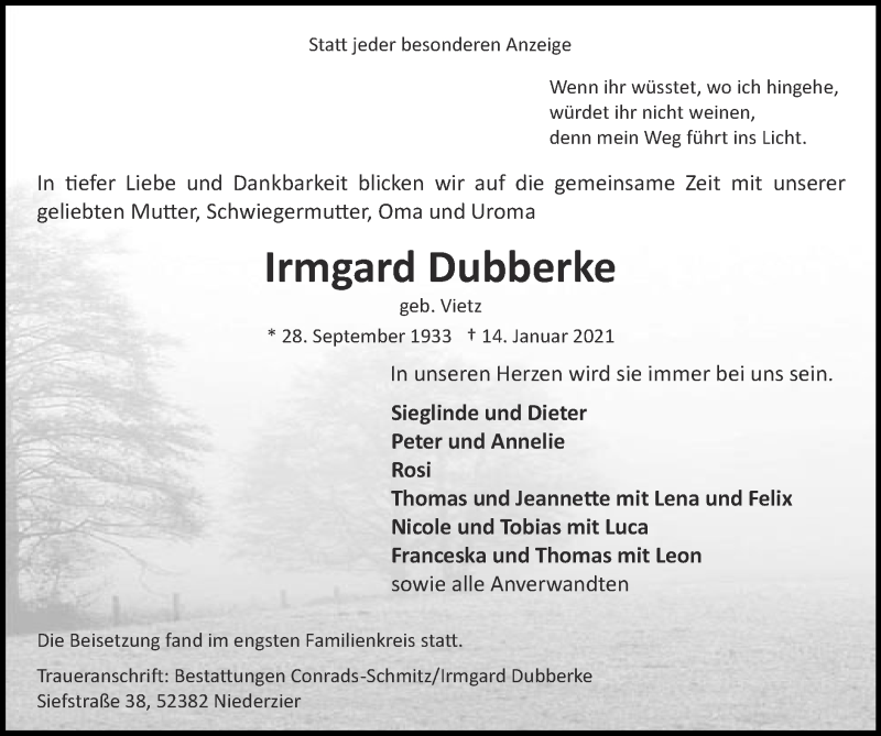  Traueranzeige für Irmgard Dubberke vom 31.01.2021 aus Zeitung am Sonntag