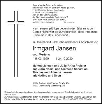 Traueranzeige von Irmgard Jansen von Aachener Zeitung / Aachener Nachrichten