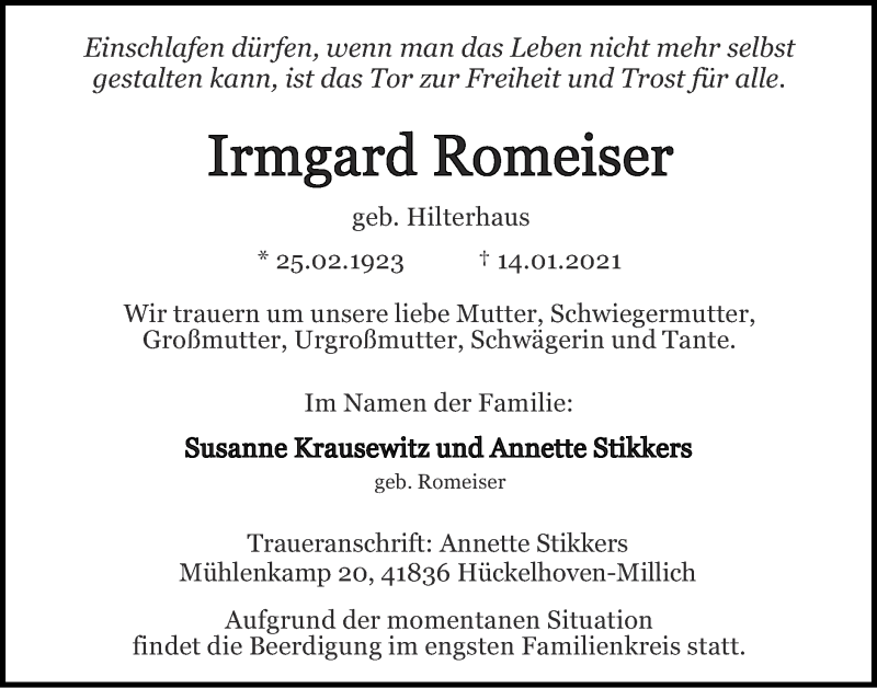  Traueranzeige für Irmgard Romeiser vom 24.01.2021 aus Zeitung am Sonntag