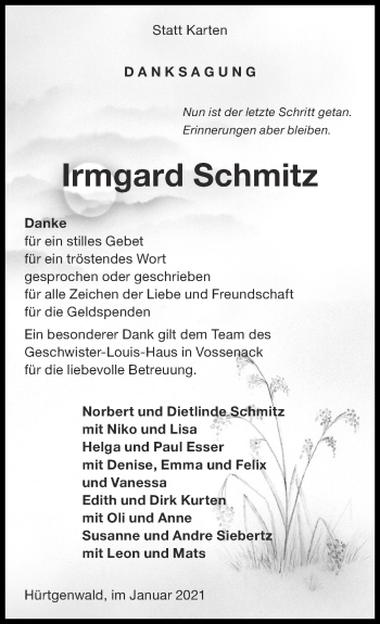 Traueranzeige von Irmgard Schmitz von Zeitung am Sonntag