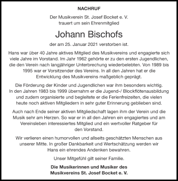 Traueranzeige von Johann Bischofs von Aachener Zeitung / Aachener Nachrichten