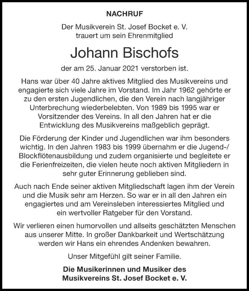 Traueranzeige für Johann Bischofs vom 31.01.2021 aus Zeitung am Sonntag