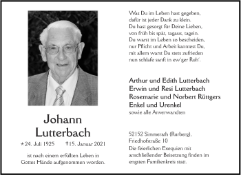 Traueranzeige von Johann Lutterbach von Aachener Zeitung / Aachener Nachrichten