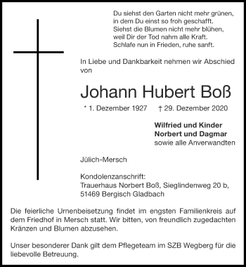 Traueranzeige von Johann Hubert Boß von Zeitung am Sonntag