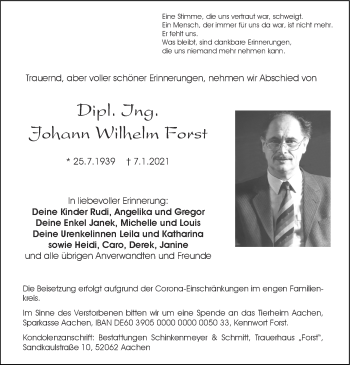 Traueranzeige von Johann Wilhelm Forst von Zeitung am Sonntag