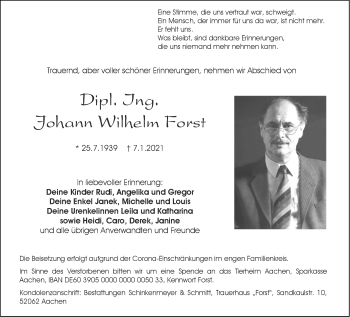 Traueranzeige von Johann Wilhelm Forst von Aachener Zeitung / Aachener Nachrichten