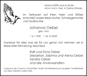 Traueranzeige von Johanna Oebel von Aachener Zeitung / Aachener Nachrichten