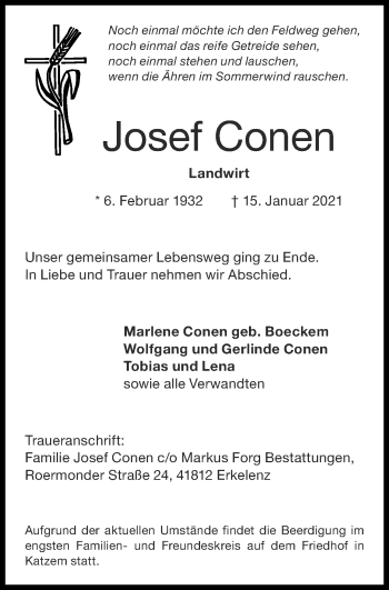 Traueranzeige von Josef Conen von Zeitung am Sonntag