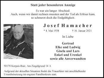 Traueranzeige von Josef Hamacher von Zeitung am Sonntag