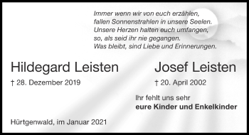 Traueranzeige von Josef Leisten von Zeitung am Sonntag