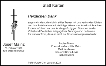 Traueranzeige von Josef Mainz von Zeitung am Sonntag