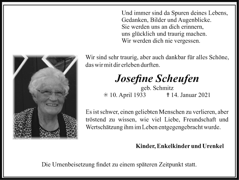  Traueranzeige für Josefine Scheufen vom 17.01.2021 aus Zeitung am Sonntag