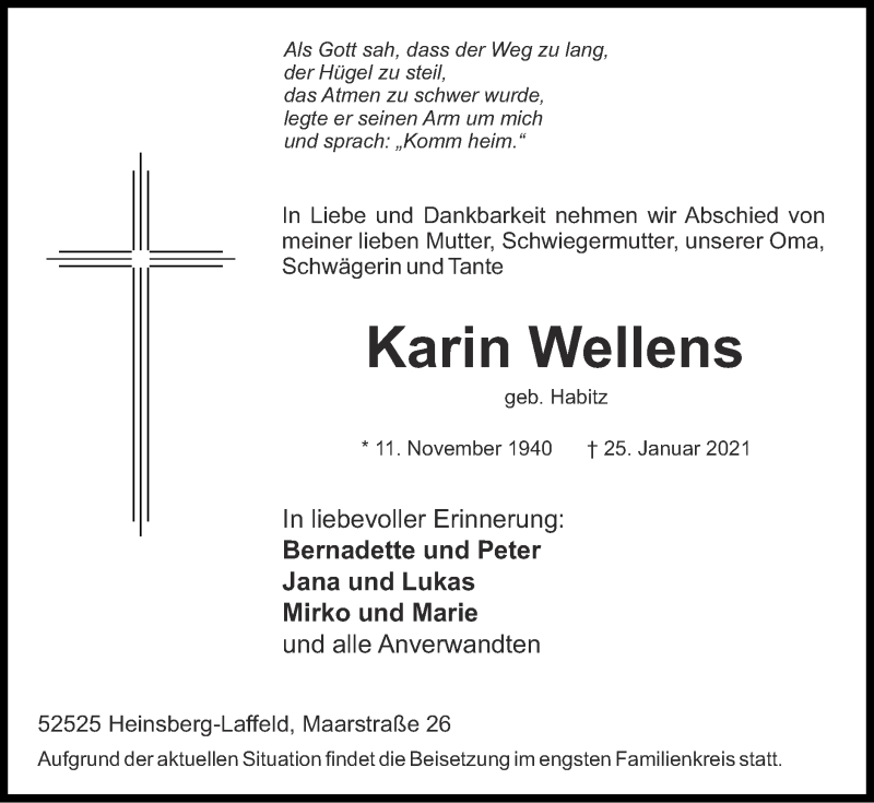  Traueranzeige für Karin Wellens vom 31.01.2021 aus Zeitung am Sonntag