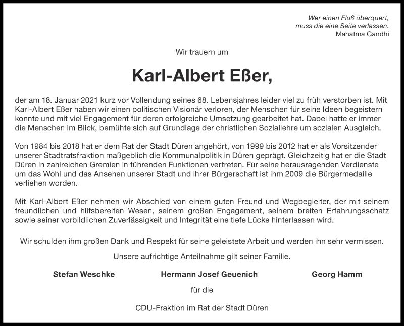  Traueranzeige für Karl-Albert Eßer vom 23.01.2021 aus Aachener Zeitung / Aachener Nachrichten