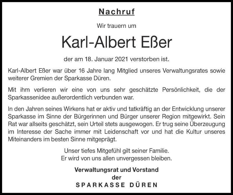  Traueranzeige für Karl-Albert Eßer vom 31.01.2021 aus Zeitung am Sonntag