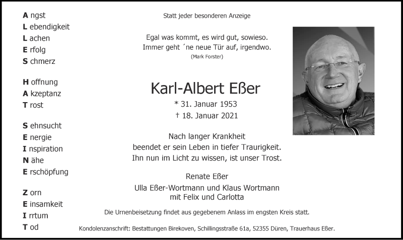  Traueranzeige für Karl-Albert Eßer vom 23.01.2021 aus Aachener Zeitung / Aachener Nachrichten
