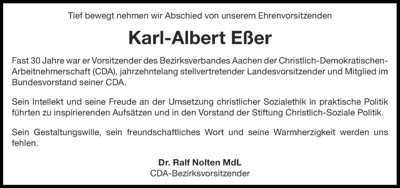  Traueranzeige für Karl-Albert Eßer vom 23.01.2021 aus Aachener Zeitung / Aachener Nachrichten